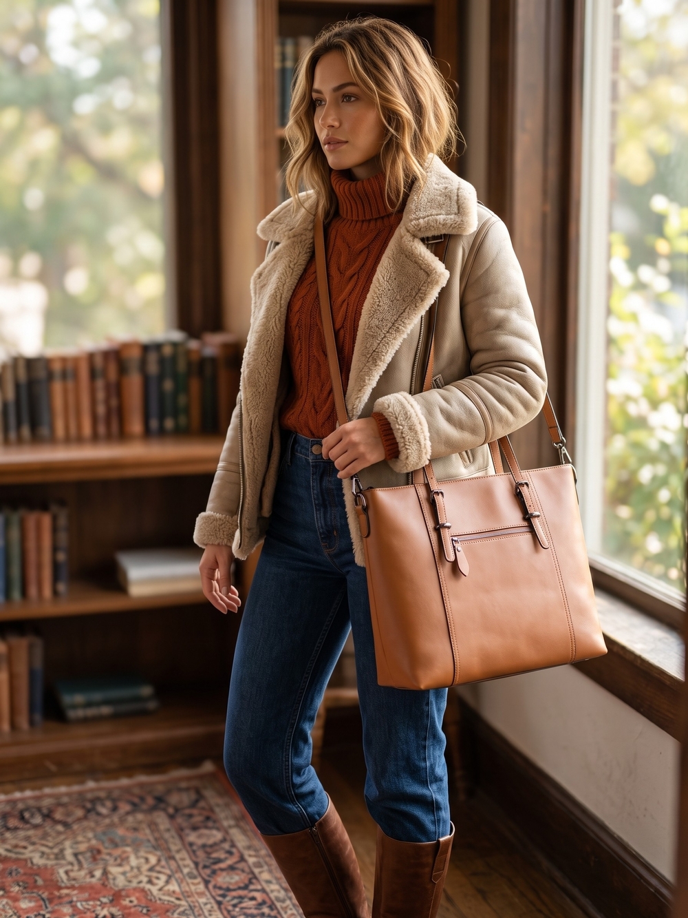 FZone Cognac Laptop Tote Bag Quiet Luxury Work Satchel Office Siren Crossbody